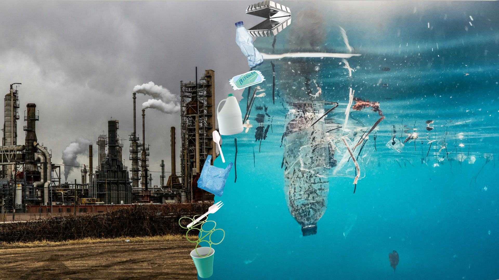 Plastic factory with emissions and plastics in the sea. Image collage.